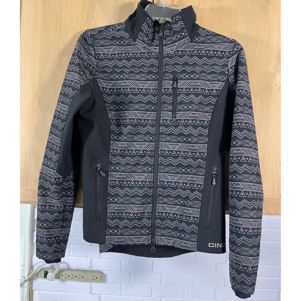 Cinch Softshell Jacket Women Size M Black Grey Aztec Geometric Full Zip Bonded
